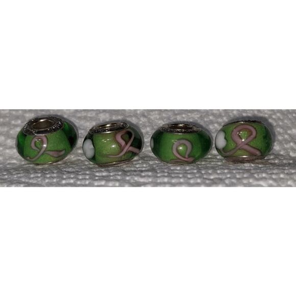 NEW SET OF 4 PANDORA MURANO BEAD - TRANSPARENT GREEN W/WHITE DOTS & PINK BREAST - Picture 1 of 3